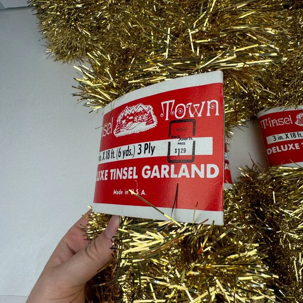 6 Vtg Gold Garland Tinsel Town 18 ft each Strand Christmas Holiday Prop USA Made
